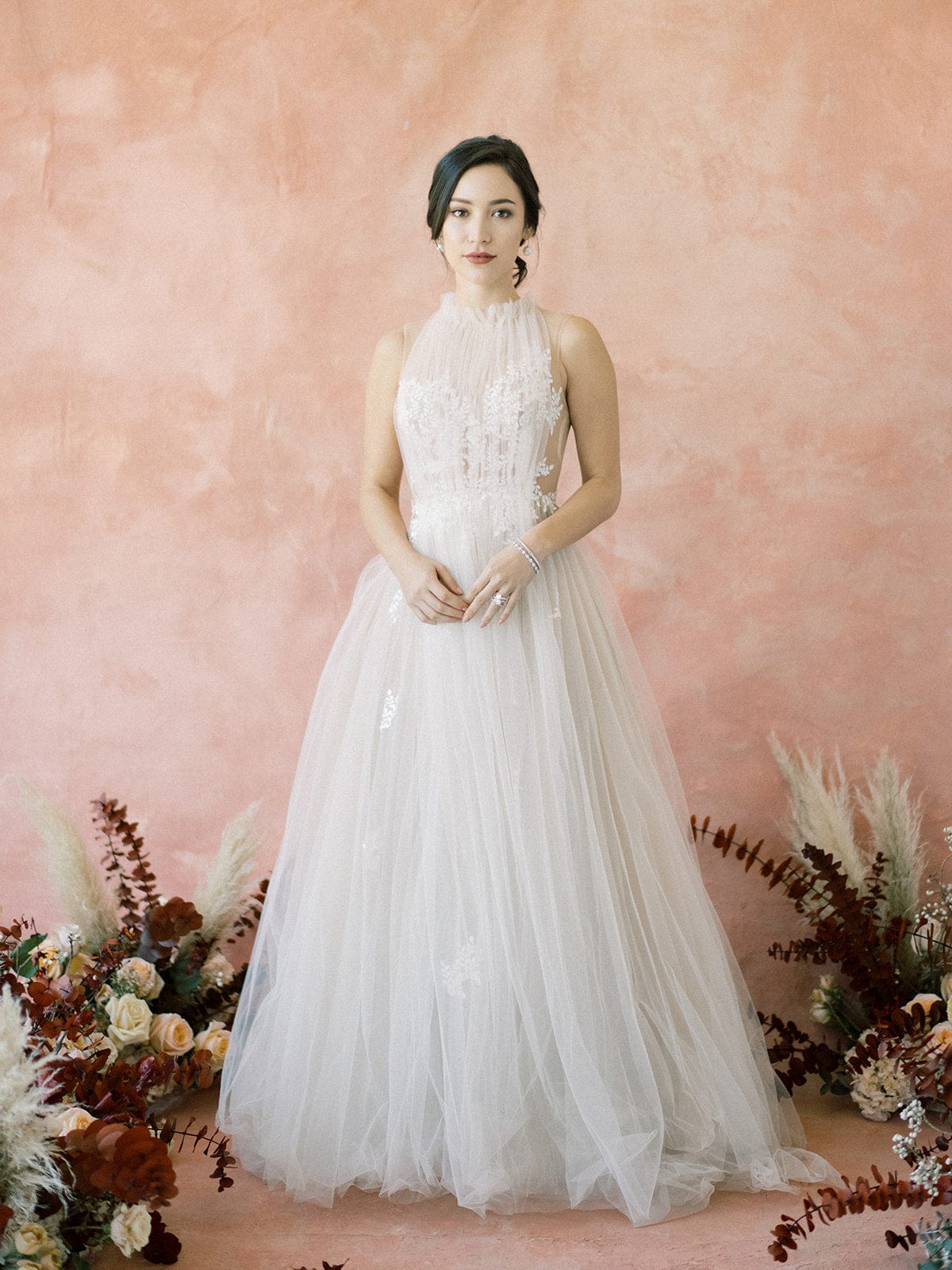 Tulle - Halter Neck Boho A-Line Lace Wedding Dress, Blush – Jinza