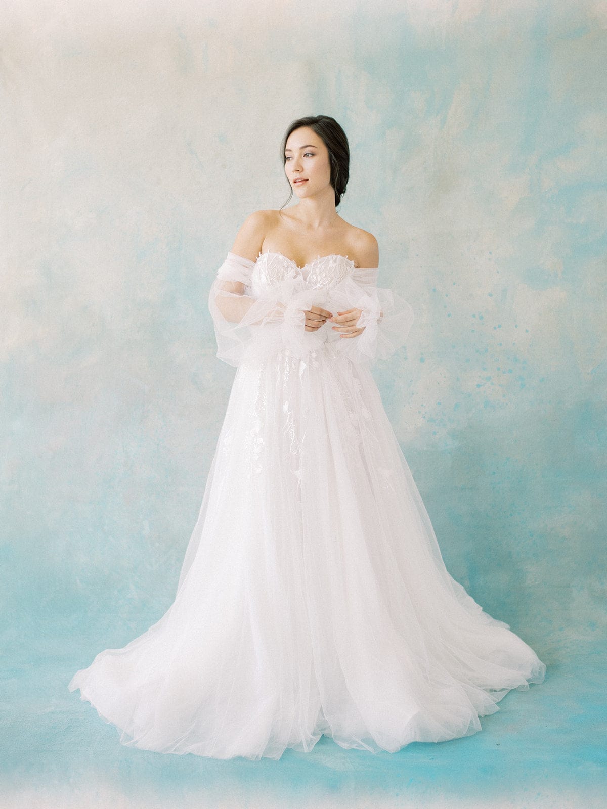 Tulle - Slim A-Line Spaghetti Strap Wedding Dress Long Sleeves, Blushy –  Jinza Bridal
