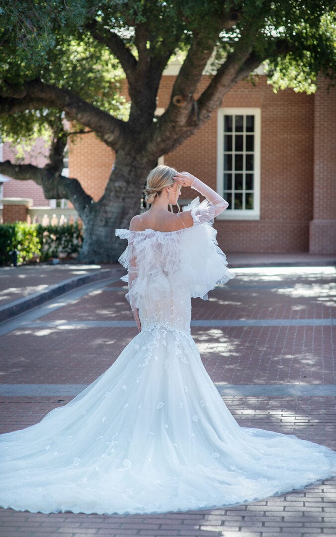 Tulle Lace Two Piece Mermaid Wedding Dress with Sleeves Top Skirt Blush