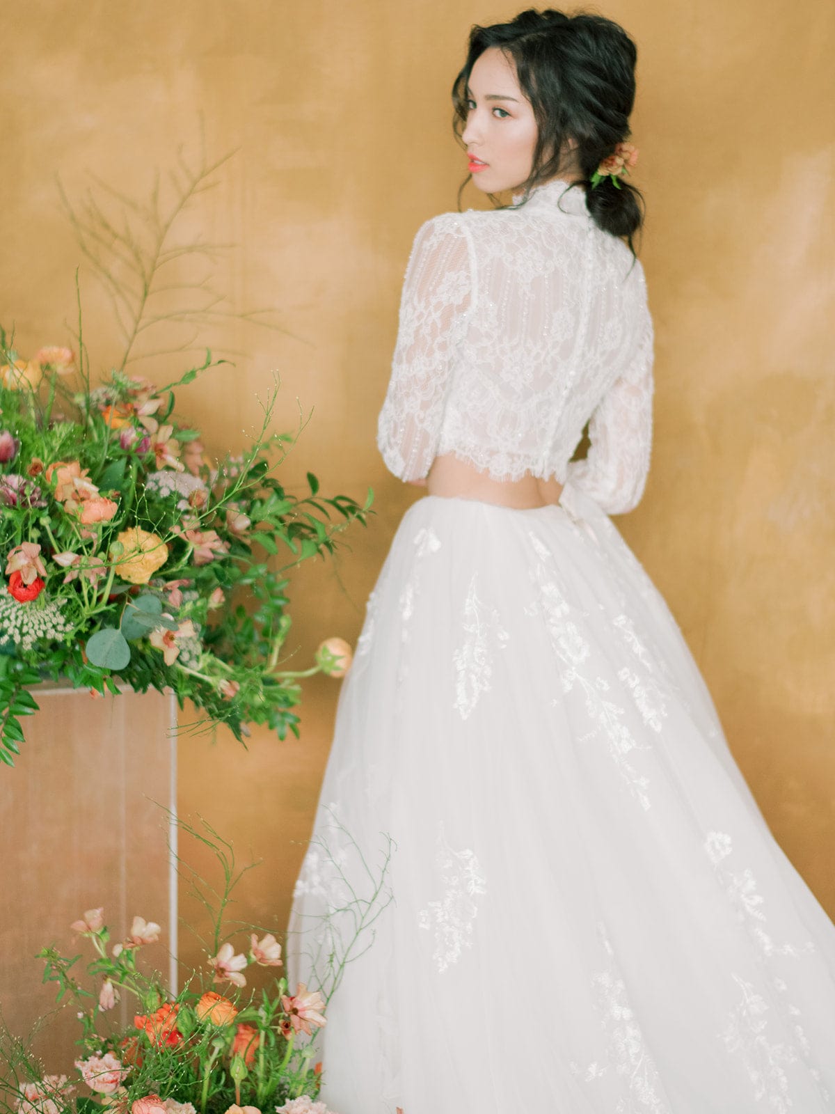 High Neck Lace Dress with Asymmetrical Skirt | David's Bridal