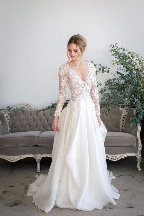 Long Sleeve V-neck A-line Wedding Dress With Lace Bodice And Satin
